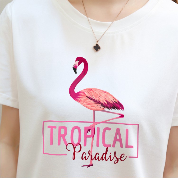 T-Shirt Wanita Korea Style Kaos Santai Fashion Kaos Ulzzang Gambar Flaminggo Tulisan Tropical