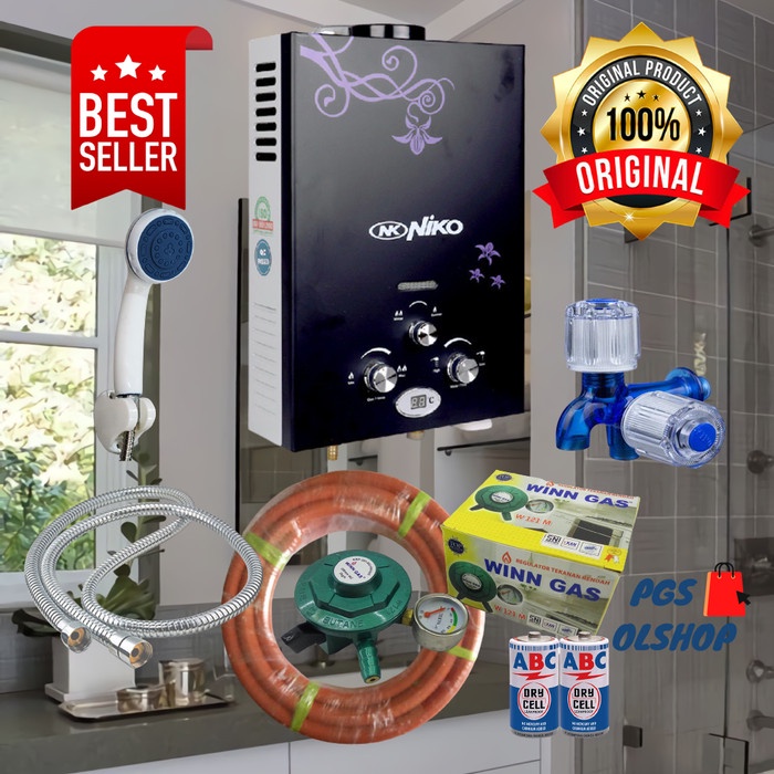 {elekstore} WATER HEATER / PEMANAS AIR KAMAR MANDI GAS LENGKAP NIKO HITAM LED Limited