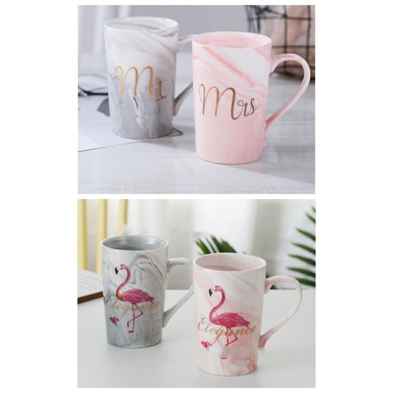 ( GARANSI PECAH )gelas keramik marble couple motif mrs &amp; mr tebal dan flamingo pink dan abu