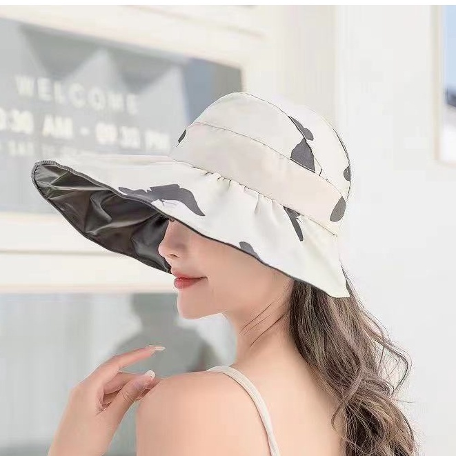 (Hello Girl) MZ25 Topi Pantai Pelindung UV Matahari Model Lebar Lipat Motif Print Butterfly Gaya Korea Import