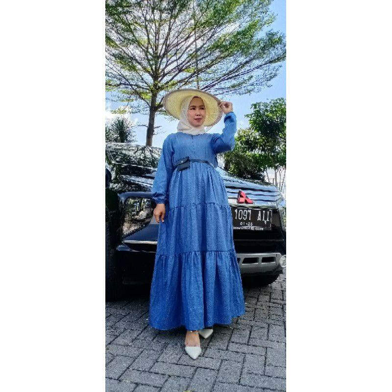 Long Dress Wanita / Party Dress FREE BELT DENIM DRESS Lebaran