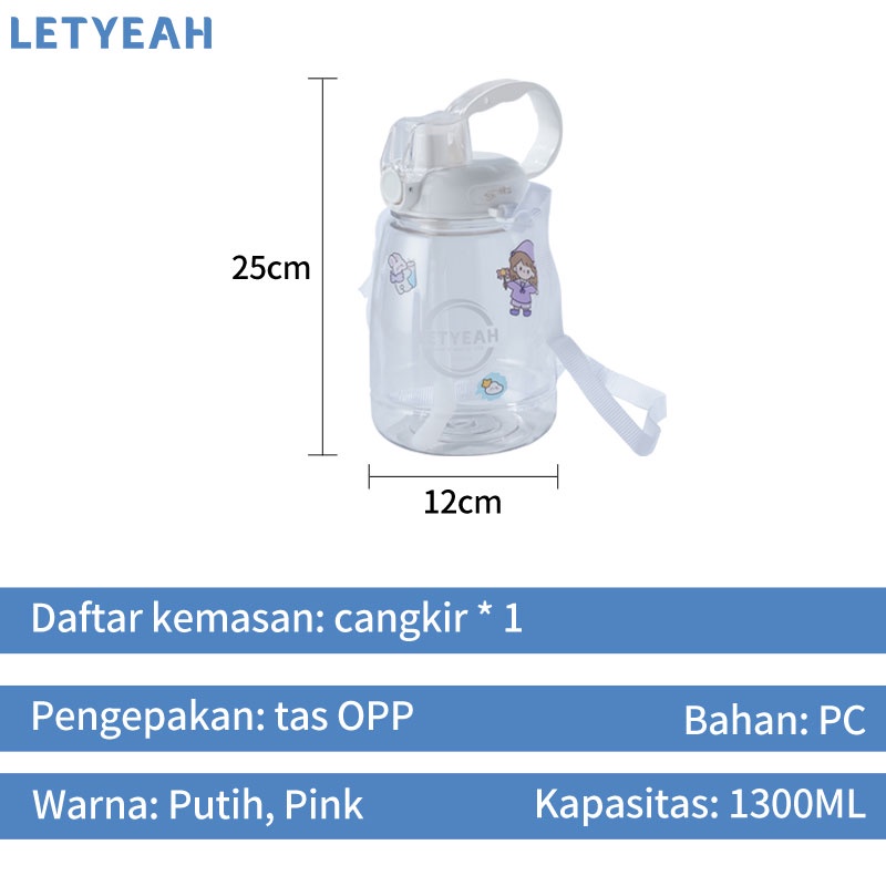 letyeah Botol minum 1.3 Liter dengan sedotan dan tali bahu/botol minum anak DIY sticker /BPA Free