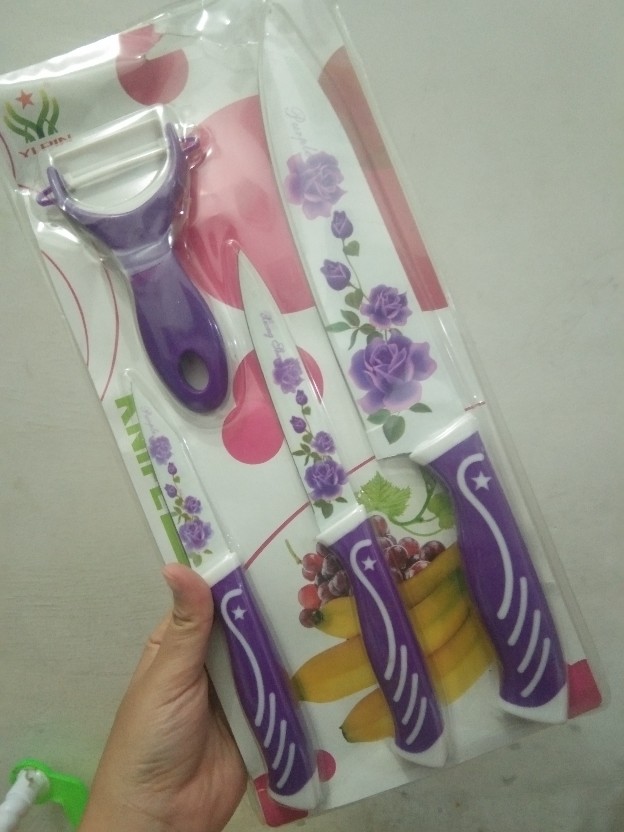 Pisau Dapur Keramik Set 4 In 1 + Peeler / Motif Bunga / Pisau Tajam Set Ceramic Cantik Anti Karat