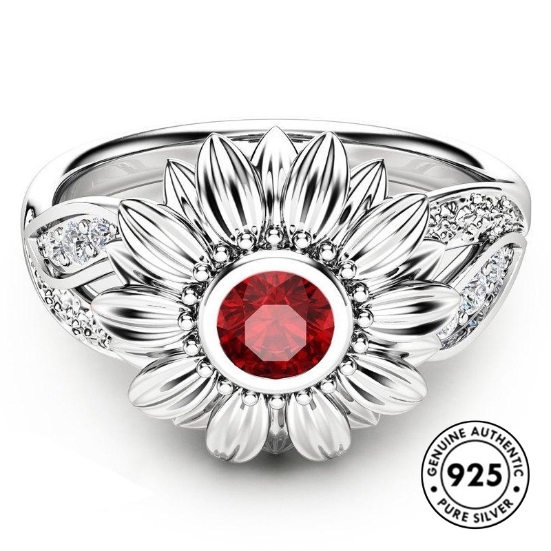 Cincin Sterling Silver 925 Model Bunga Matahari Dengan Ruby Untuk Wanita