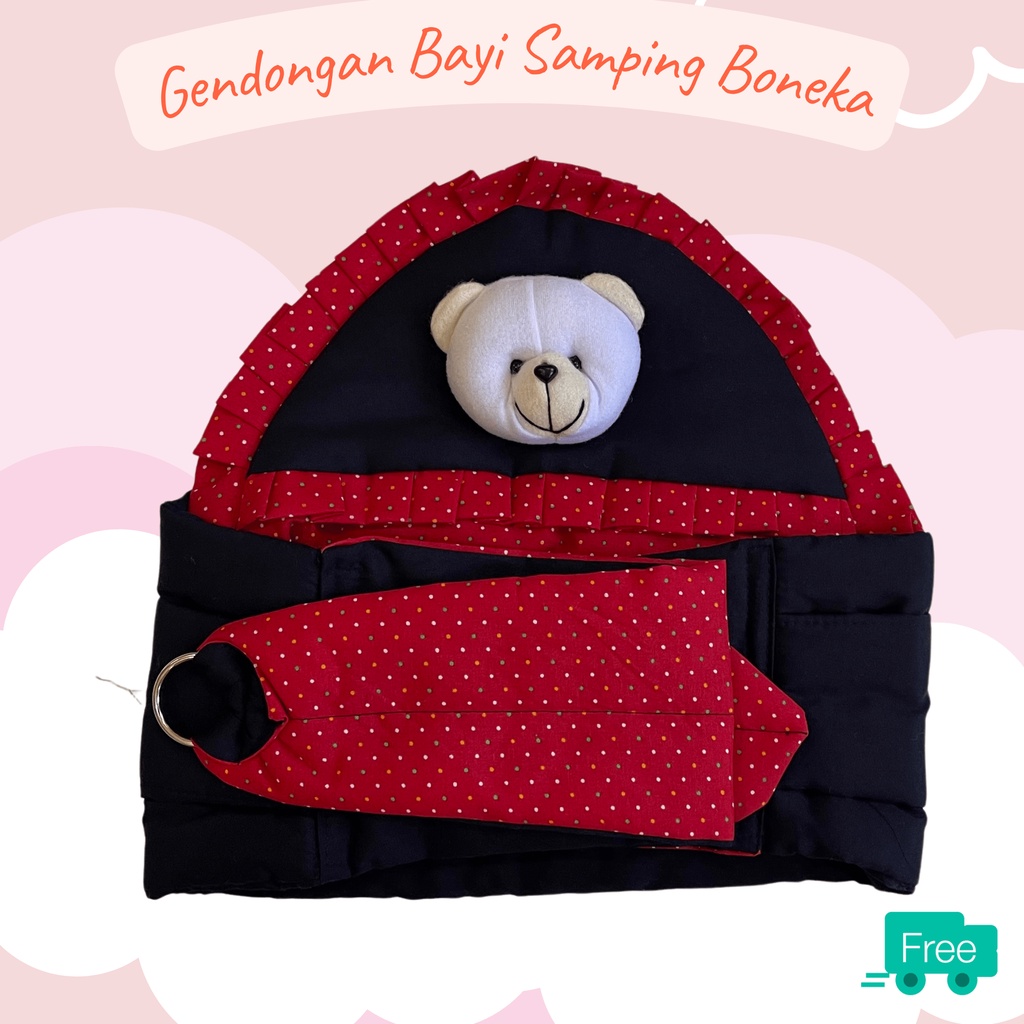 Gendongan bayi samping topi boneka polkadot