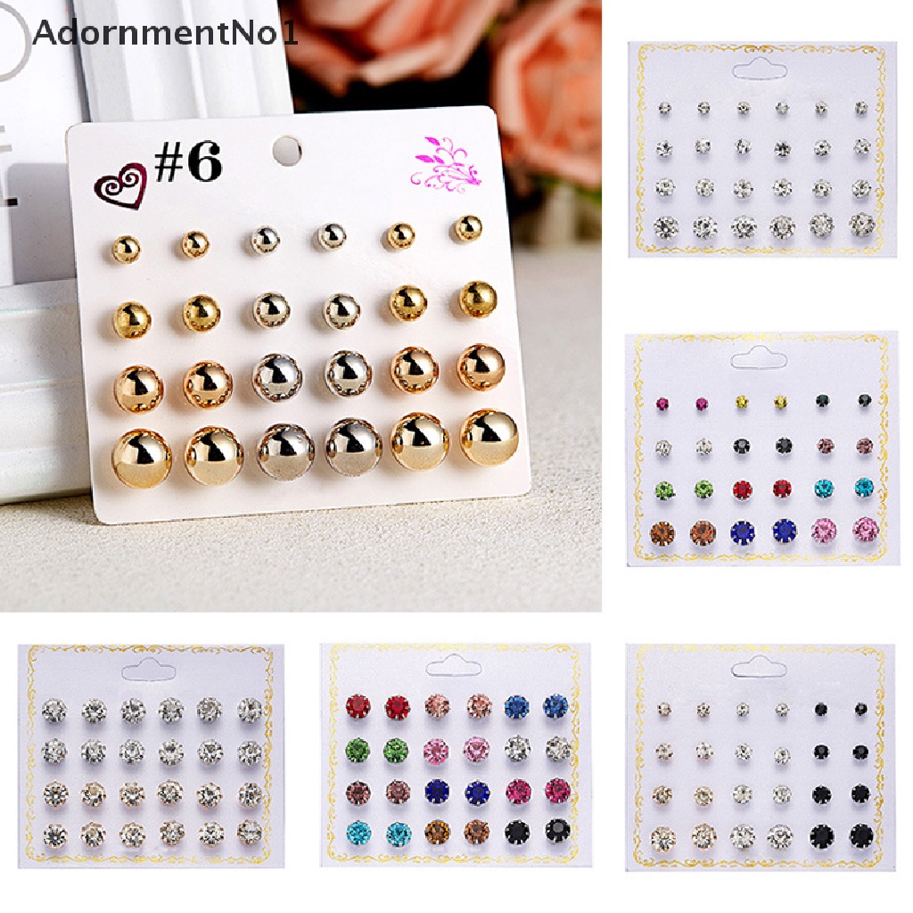 (AdornmentNo1) 12 Pasang / set Anting Tusuk Kristal Zircon Bulat Untuk Wanita