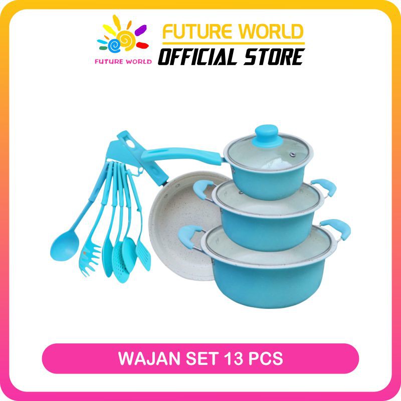 Panci Set 13 Cookware Panci Penggorengan Tutup Kaca Tg 2 Merah Biru Tosca Murah