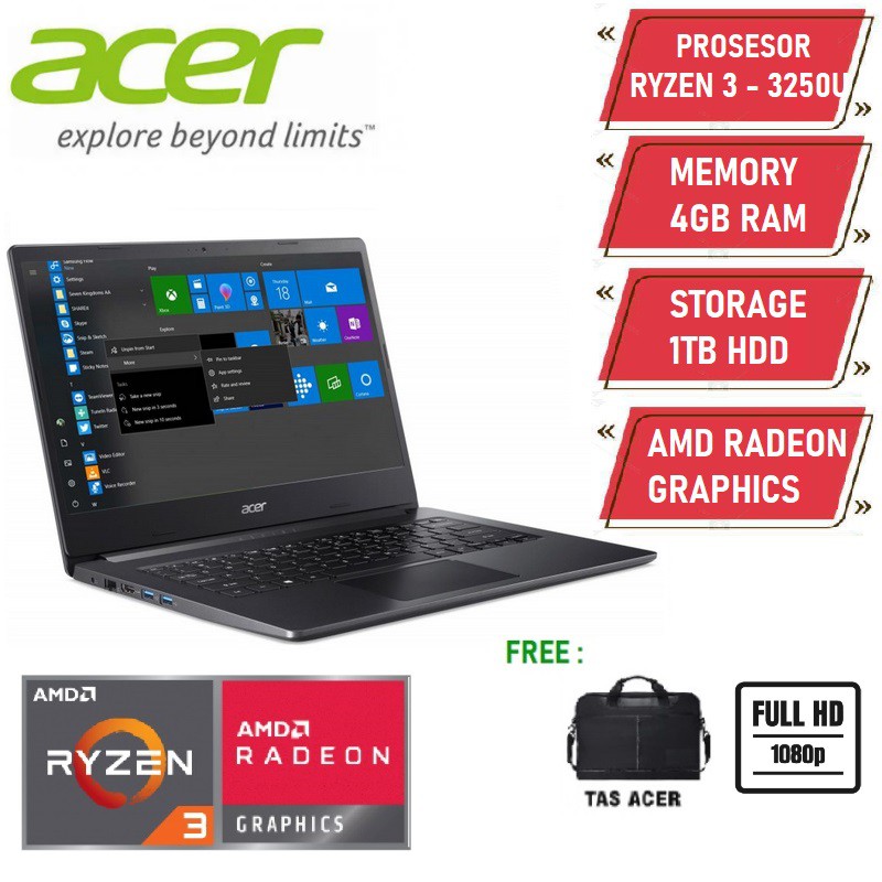 Acer Aspire A314-22-R96E AMD Ryzen™ 3 4GB 1TB HDD 14"FHD AMD RADEON BLACK