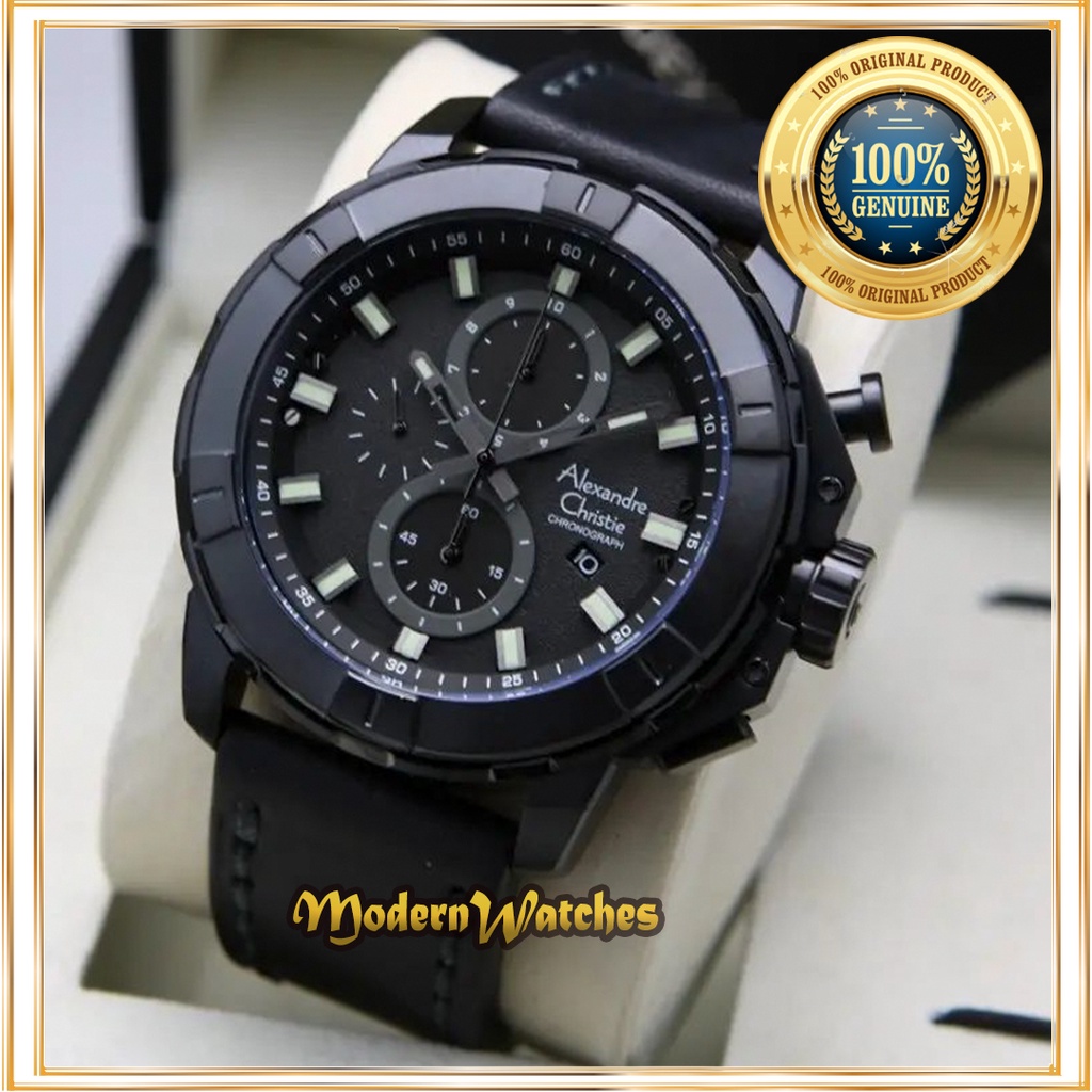 Jam Tangan Pria Alexandre Christie Ori AC 6588 Full Black Hitam Tali Kulit Sporty Alexander Terbaru