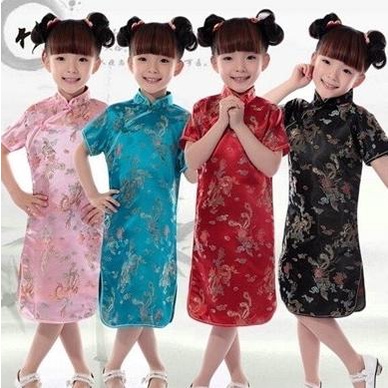 CHEONGSAM QIPAO ANAK MOTIF NAGA DAN PHONIX SILK SUTRA GONG XI FA CAI