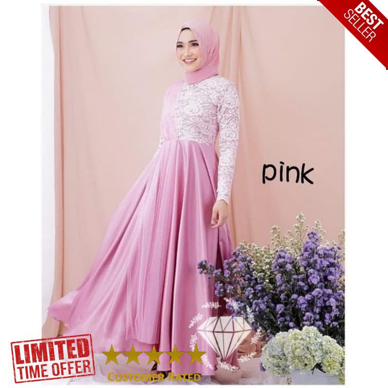 HOT maxi putri pink baju muslim pesta mewah party dress undangan murah
