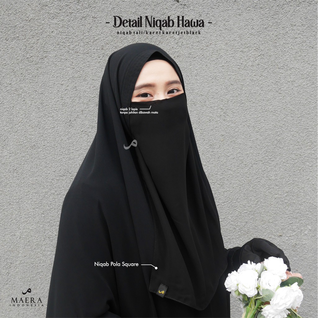 Niqab Cadar Karet dan Tali 2 Layer Tanpa Jahitan Bawah Mata Chiffon Silk Jetblack Hawa