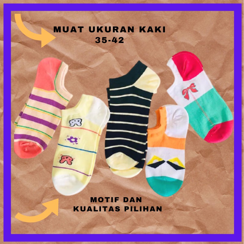 KAOS KAKI PENDEK WANITA. 5 PASANG KAOS KAKI WANITA PENDEK. KAOS KAKI MOTIF WANITA IMPORT