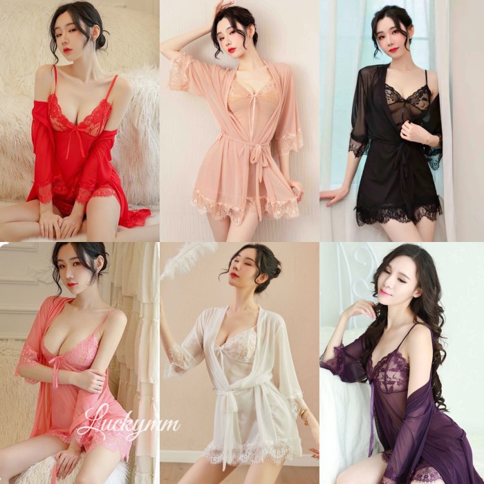 Sleepwear SL022 kimono wanita Merah Lingerie Lingeri Night Gown Kekinian Sexy Baju Haram Linggerie  