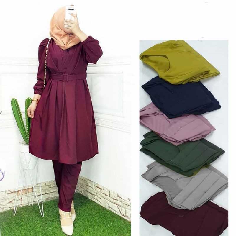 SET CELANA TUNIK FENITA, MOSCREPE PREMIUM, GAMIS HIJAB MUSLIM, SETELAN, 2 UKURAN