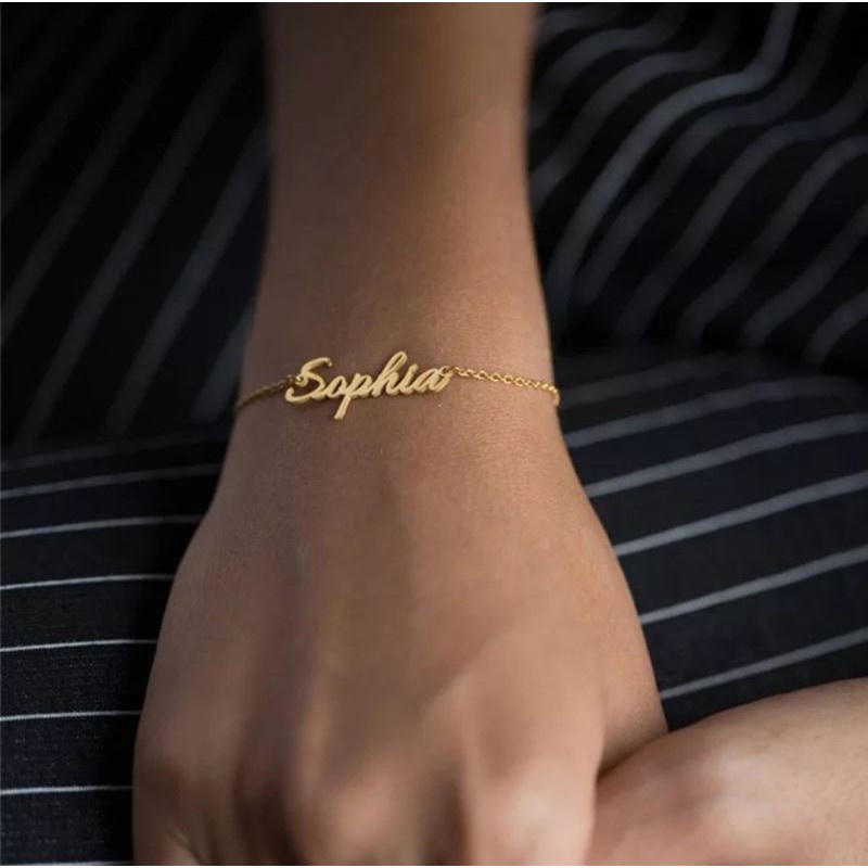 Gelang nama Titanium Anti Karat Wanita Lapis Emas aksesoris cewek fashion perempuan