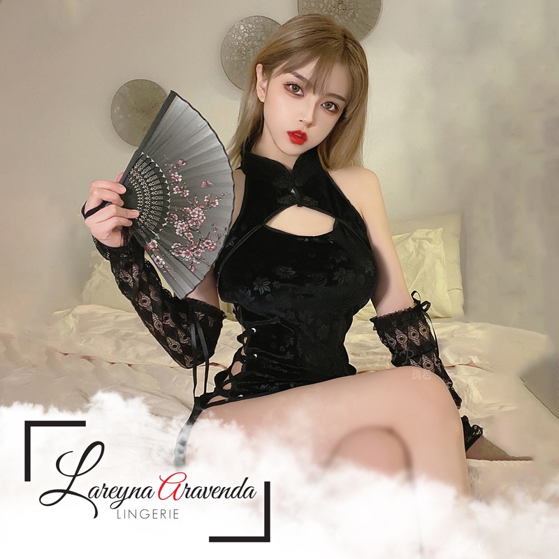 Set Lingerie + G String Seksi Model Costume Cheongsam Beludru Premium LG327