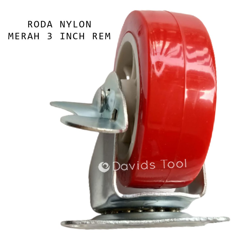 Roda Troli Lemari Ban Gerobak Merah Karet Nilon 3 Inch Rem Single Bearing Set