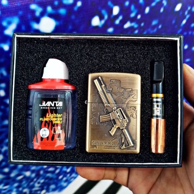 Korek zippo motif timbul zipo + minyak + pipa r*k0k zipo motif Pistol minyak zippo komplit mancis