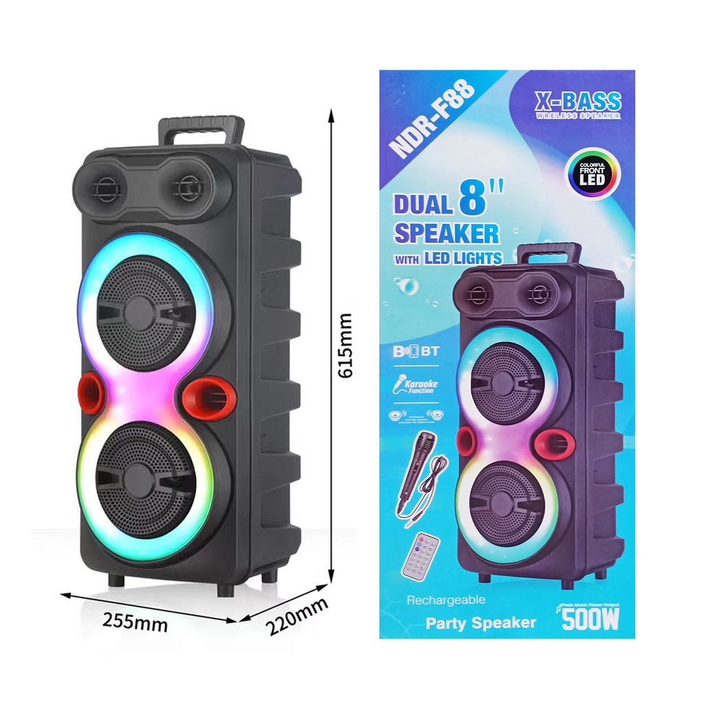 Bluetooth Speaker NDR-F88 Dual Woofer 8 Inch + Dual Tweeter 3 Inch + Microphone Kabel With RGB Lamp