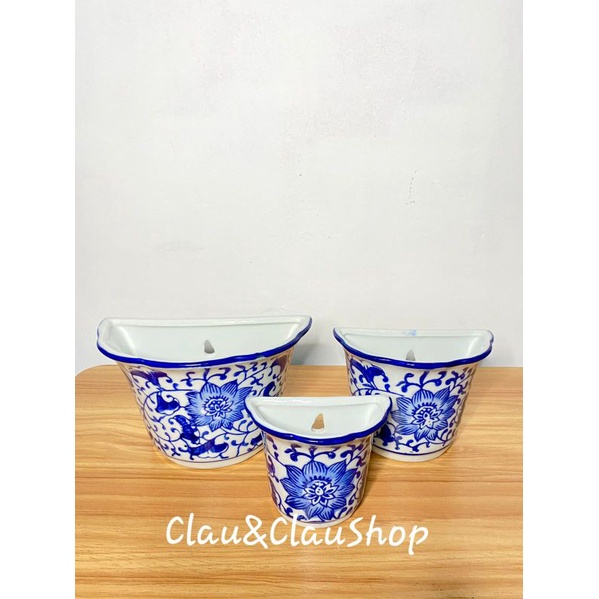 1Set pot tempel keramik dinding biru putih mandalica