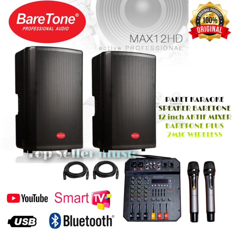 SOUND SYSTEM SPEAKER BARETONE PAKET KARAOKE & LIVE MUSIK PLUS MIXER BARETONE 2MIC WIRELESS