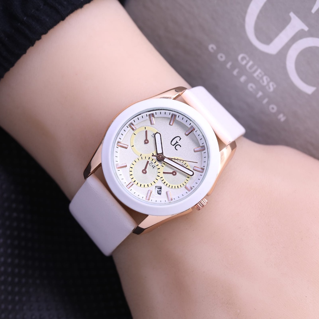 BEST SELLER JAM TANGAN WANITA GC FM70 TALI KULIT CHRONO HIASAN TANGGAL AKTIF DM 3.5CM FREE BOX BATERAI CADANGAN || JAM TANGAN FASHION WANITA JAM TANGAN CEWEK MURAH GC