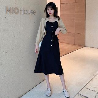 Gaun Casual Wanita Model Stitching Lengan Panjang dengan Gaun Casual Wanita Model Stitching Lengan Panjang dengan
