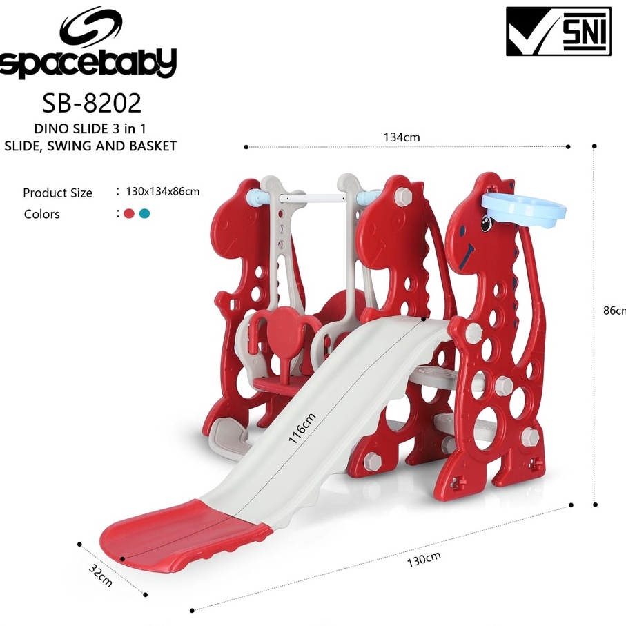 Mainan Anak Perosotan Prosotan Slide Model Dino Ayunan ring keranjang bola basket karet SB8201 & SB8202 By Spacebaby 3 in 1 Slide Swing and Basket-2