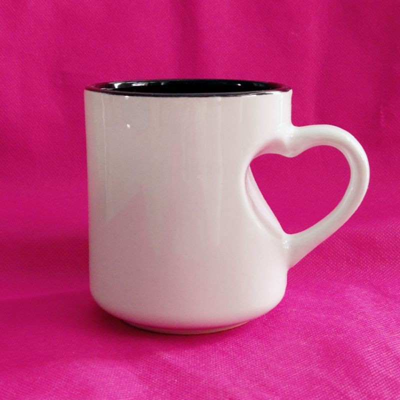 [TERMURAH] Mug Cantik Putih Polos Gagang Hati Coating (Hitam) SNI