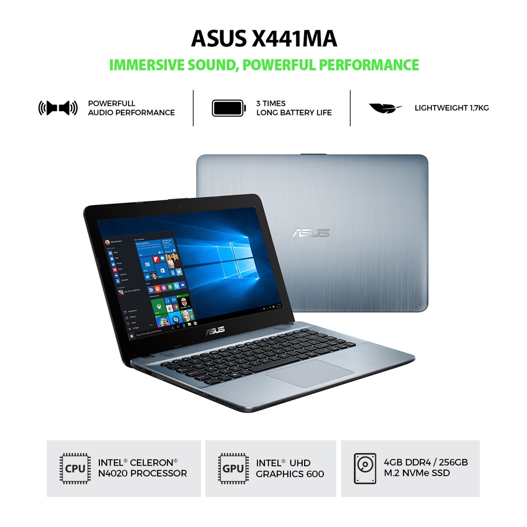 LAPTOP ASUS X441MA-GA032T PROCESSOR INTEL CELERON N4020 RAM 4GB DDR4 PENYIMPANAN 256GB SSD SATA GRAP