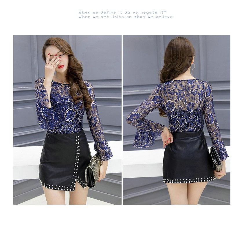 3961229 Blouse + inner + Skort Three Pcs Sexy Sweet Set Lace, Cotton, Leather  (S,M)