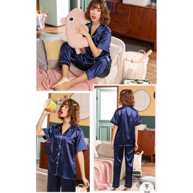 Setelan Piyama Baju Tidur Wanita CP silk/Piyama Lengan Pendek Krah Kancing Polos Bahan Satin Premium