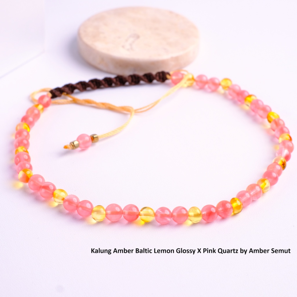 Kalung Amber Baltic Lemon Glossy X Pink Quartz by Amber Semut