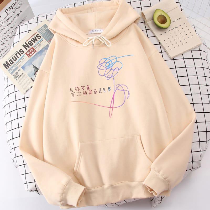 LOVE YOURSELF Sweater Hoodie Wanita Bahan Fleece-Cream