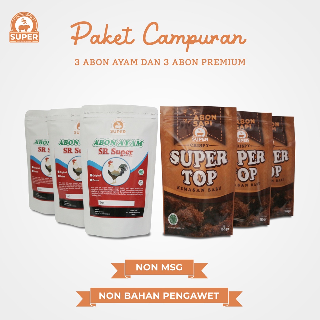 

6PC MIX 3PC ABON SAPI TOP CRISPY 165GR DAN 3PC ABON AYAM ORI 200GR