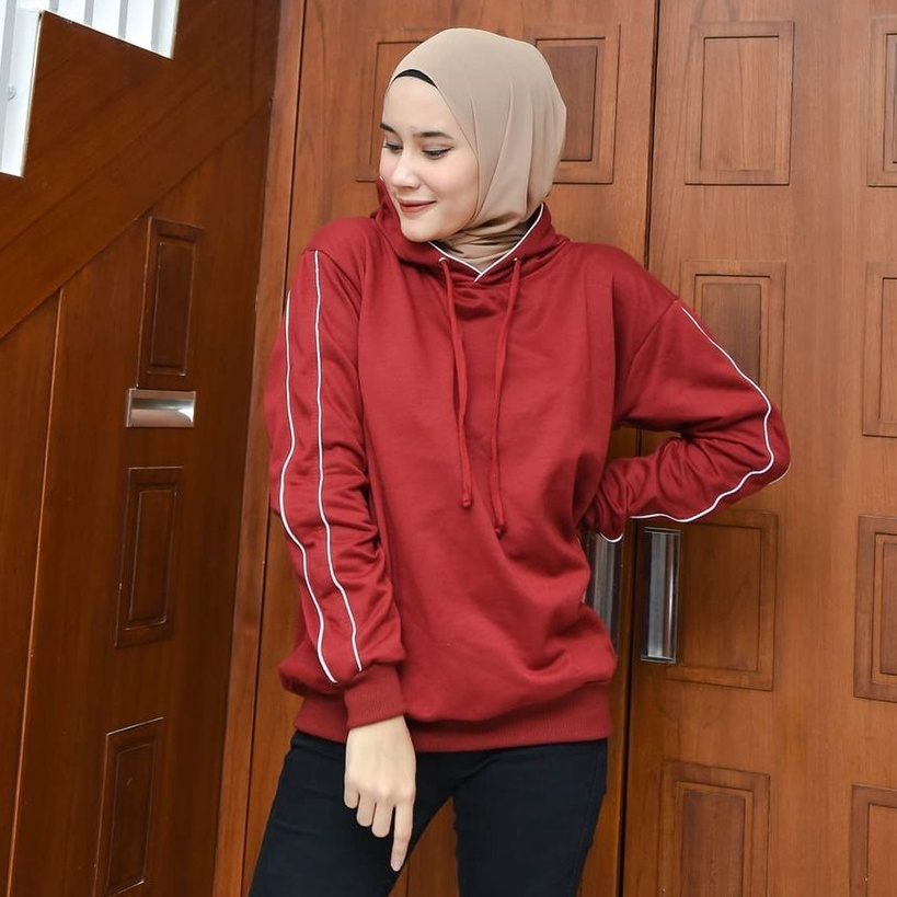 Primadona Hoodie Jumper Training List Tangan Garis Putih Polos