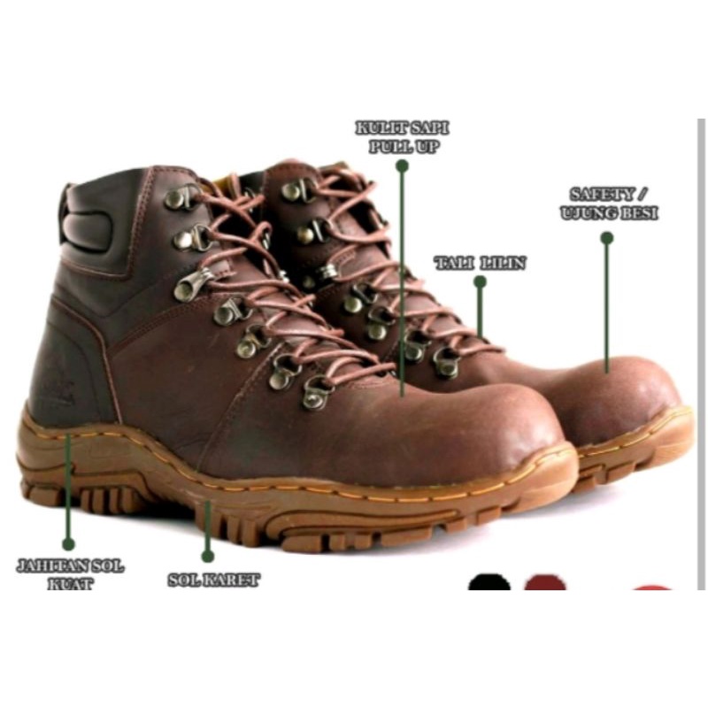 SEPATU BOOTS PRIA KULIT ASLI BOOTS SAFETY UJUNG BESI BLACK BROWN WLF BARBET
