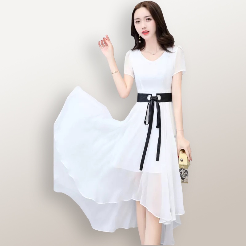 Midi Dress lengan pendek sifon Wanita Gaya Korea Model terbaru - XSHOP Moody