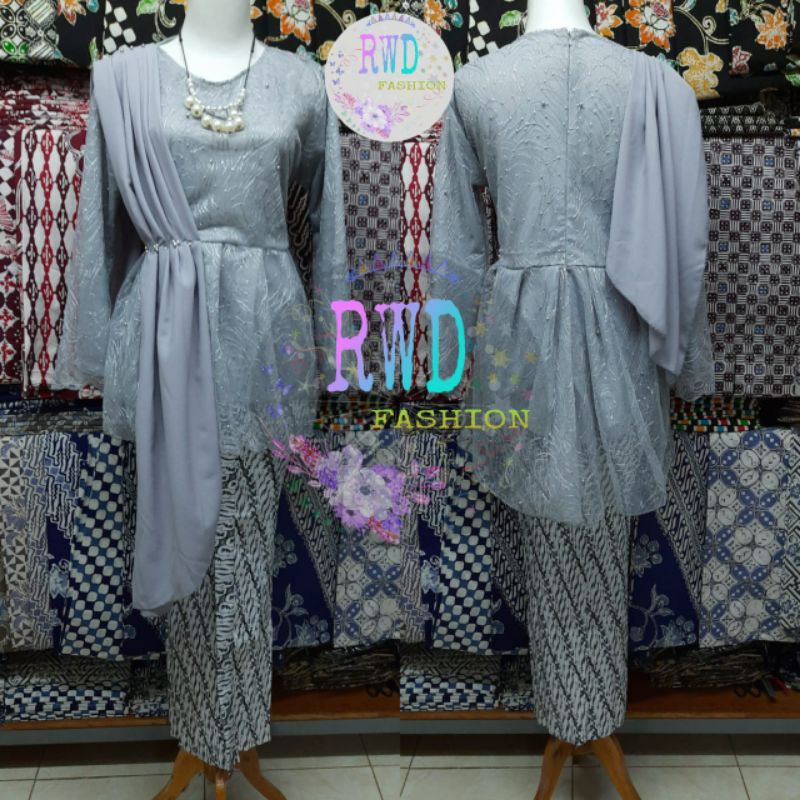 TERMURAH KEBAYA SLENDANG,KEBAYA MAURA,KEBAYA TILE,TERBARU,WISUDA,COUPLE ROK KEMEJA-Set kebya silver/abu