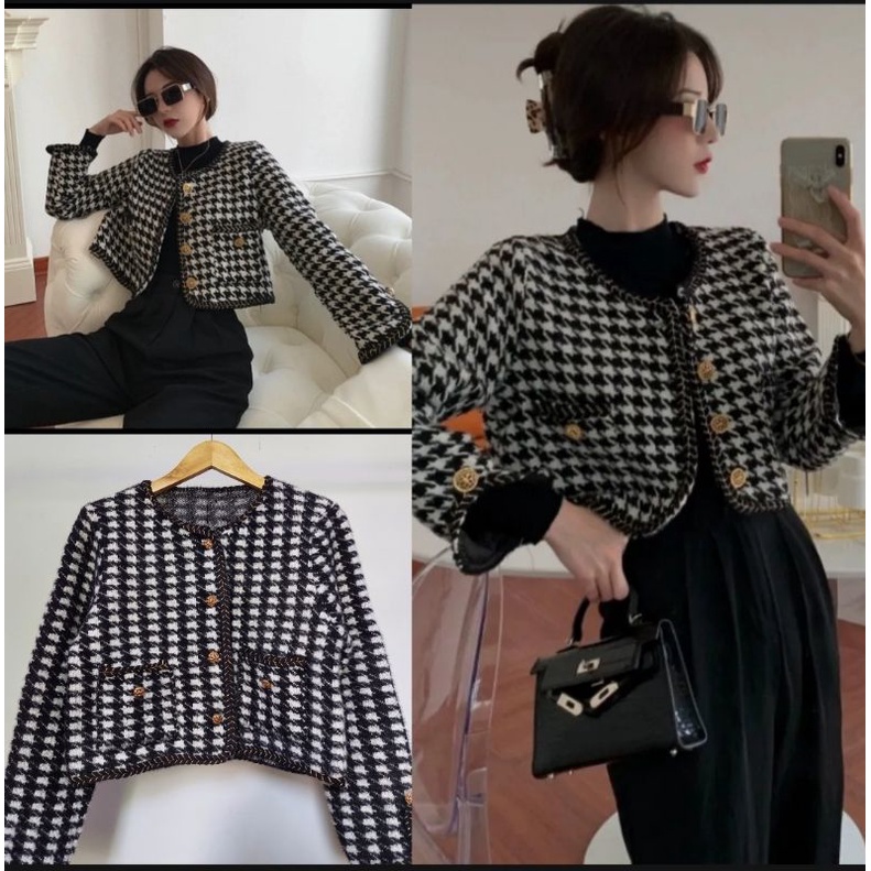 VN SINYOU LUXURY FURRY BLAZER KNIT CROP TEBAL / KNITWEAR  CARDI HOUNDSTOOTH CROP / OUTER KNIT BULU RAJUT PREMIUM