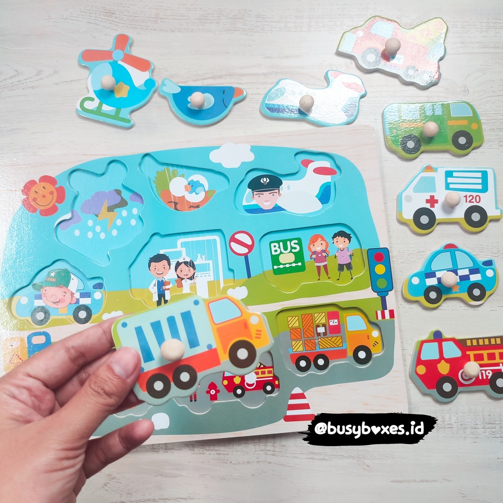 [busyboxes.id] Mainan Edukasi Mencocokan Kendaraan Konstruksi Alat Berat Puzzle Kayu Puzzle Knob Wooden Toys Mainan Kayu