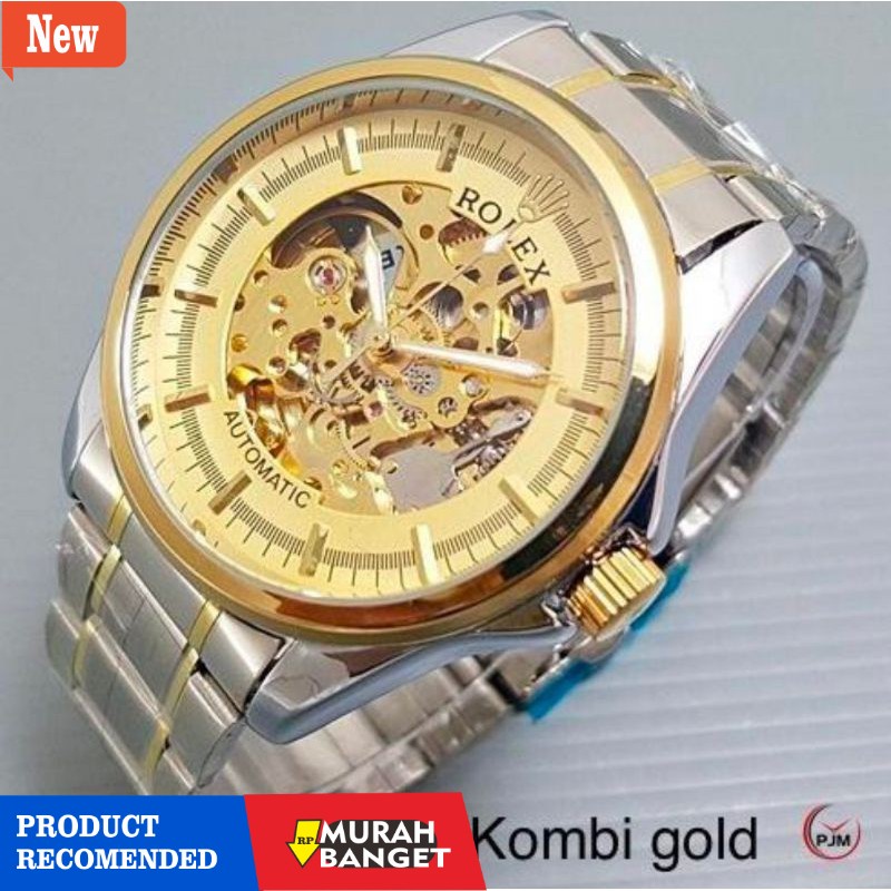 Jam tangan analog pria terbaik- Jam Tangan Pria/Cowok Rolex Automatic Transparan Depan Belakang