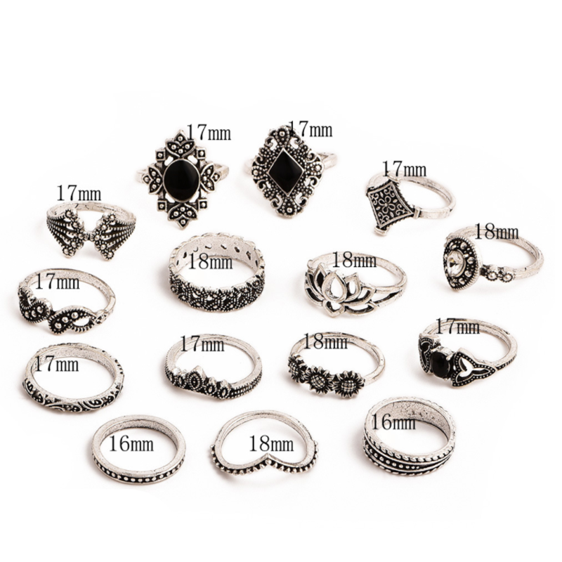 15 Pcs/Set  Fashion Silver Midi  Finger Ring Set / Ladies Smooth Fine Thin Finger Ring  / Vintage Punk Black Gemstone Rings