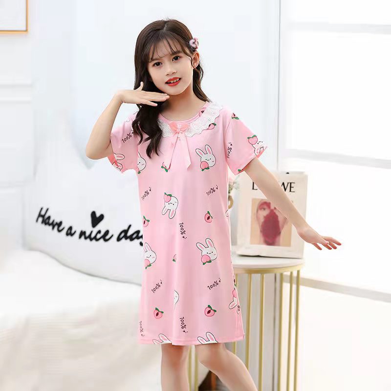 (Hello Girl)SY-01 Dress Tidur Anak Kerah Renda Motif  Kartun Import