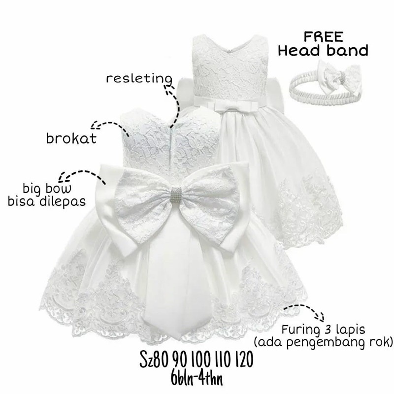 DRESS ANAK PEREMPUAN PUTIH IMPORT MURAH WHITE BROKAT LACE BIG BOW FREE HEADBAND