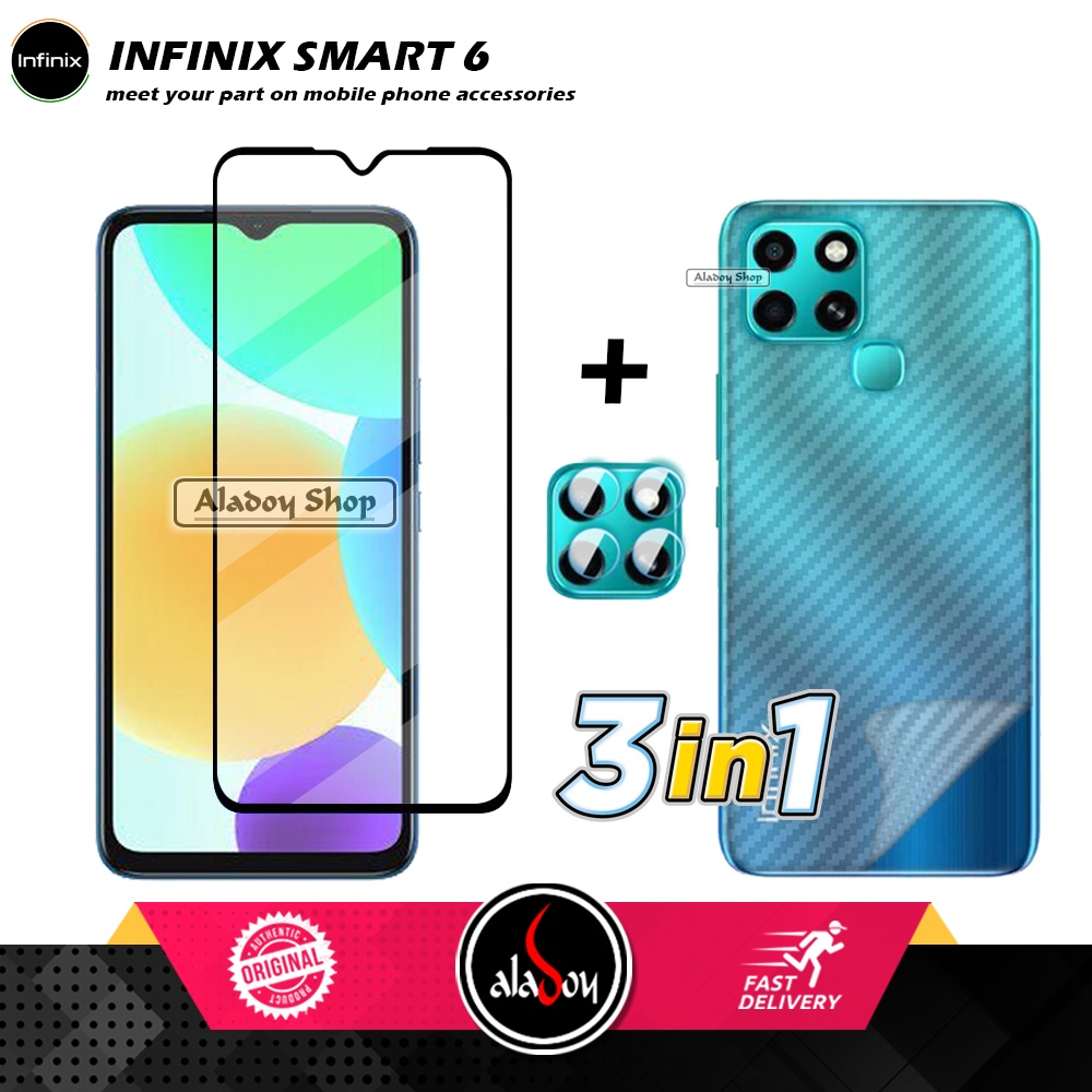 PAKET 3 IN 1 Tempered Glass Layar Infinix Smart 6 Free Tempered Glass Camera dan Skin Carbon