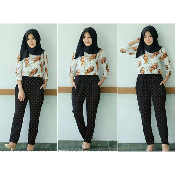 Set Hijab3in1 baju+celana+pasminah/setelan hijabers polkadot