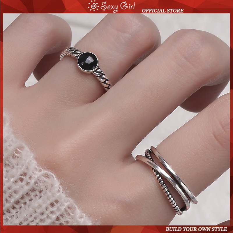 Double Layer Hip-hop Ring Korean Retro Simple Cross Personality Wild Black Stripe Opening Adjustable Ring Fashion Sexy Girl Jewelry