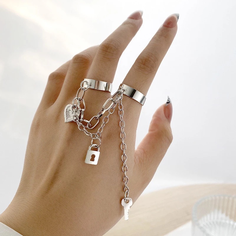 Wanita Pria Fashion Punk Hip Hop Dua Jari Terbuka Cincin/Ladies Key Lock Heart Cross Butterfly Chain Ring /Pesta Perhiasan Hadiah